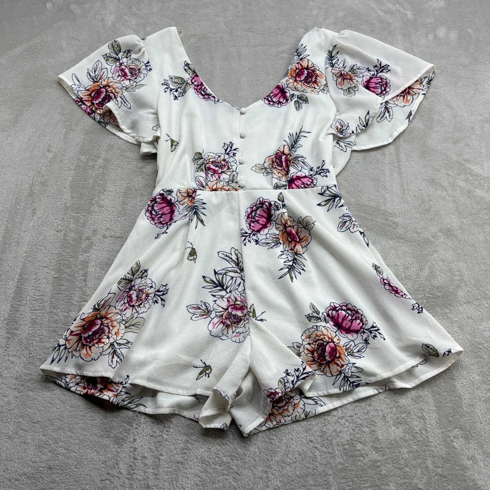 Trixxi Romper Women S White Floral Flutter Sleeve Open Back Boho Whimsical Chic
